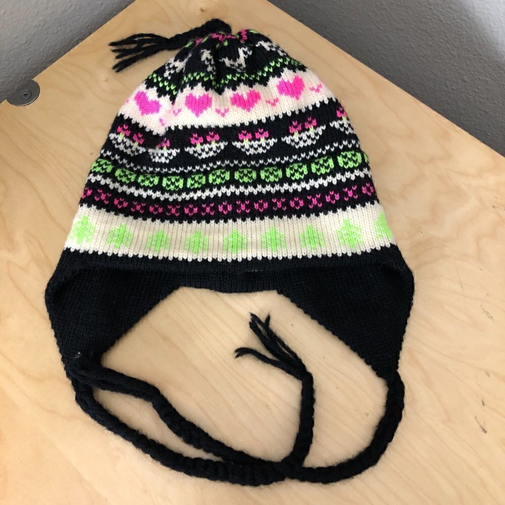 Stowe Woolens Vermont Wool Beanie Women's One Size Fair Isle Black Pink White